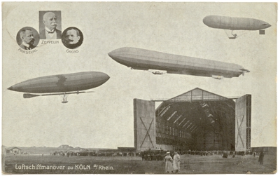 Postkarte zur Erinnerung an die Luftschiffmanver von 1909 mit der Luftschiffhalle in Kln-Bickendorf sowie den Luftschiffen Zeppelin Z II, Major Gro und Parseval.