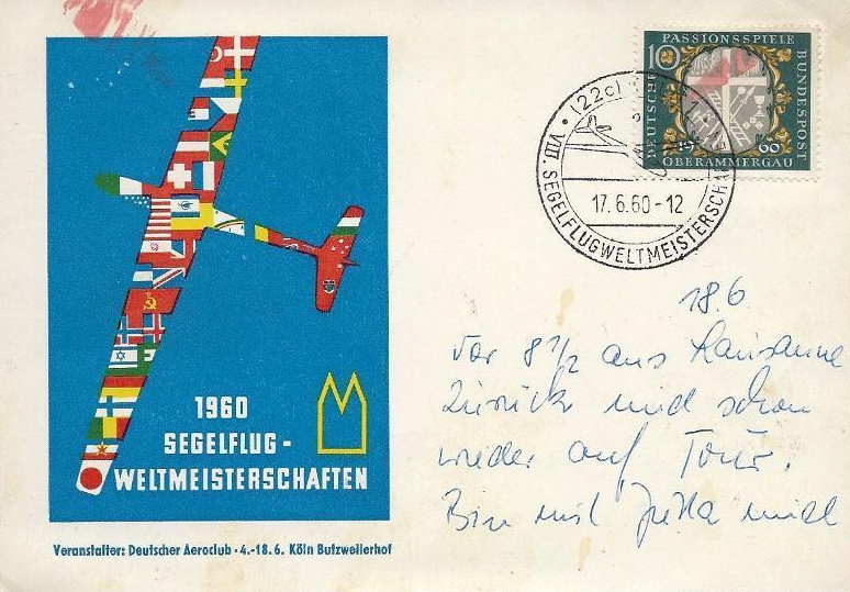 Postkarte der Segelflug-Weltmeisterschaft 1960 Kln Butzweilerhof