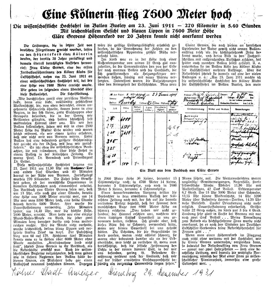 Zeitungsartikel zur Ballonfahrt von Cläre Greven