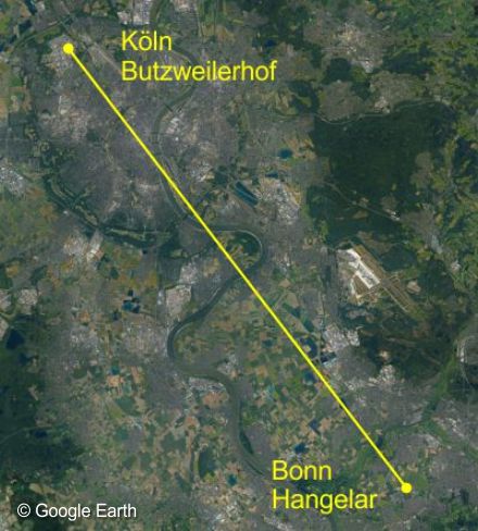 Strecke von Köln Butzweilerhof nach hangelar die Gerhard Fieseler im Rückenflug zurück legte as war Weltrekord