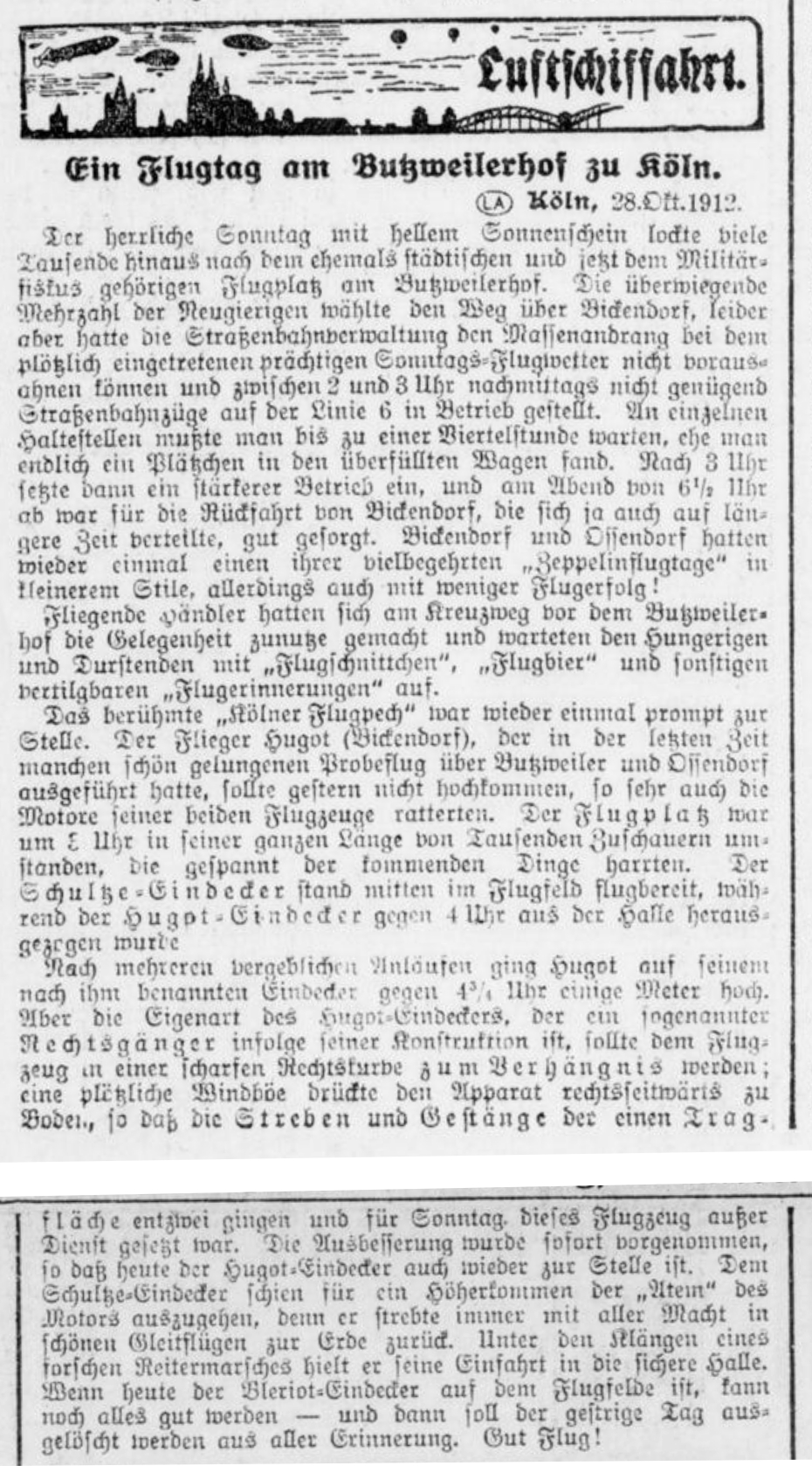Zeitungsausschnitt zum Flugtag 1912 auf dem Butzweilerhof