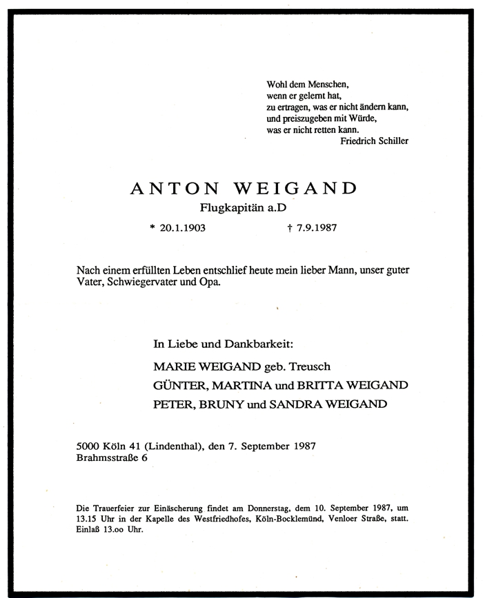 Todesanzeige des Flugkapitän Anton Weigand 1987