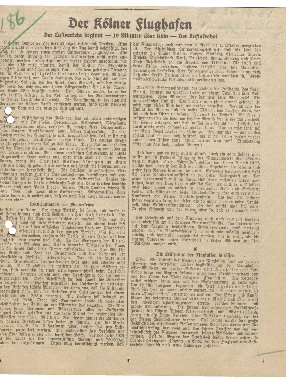 Zeitungsartikel Erffnung Flughafen Kln Butzweilerhof 1926 