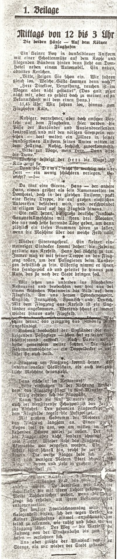 Zeitungsbericht zum Flugbetrieb auf dem Flughafen Kln Butzweilerhof