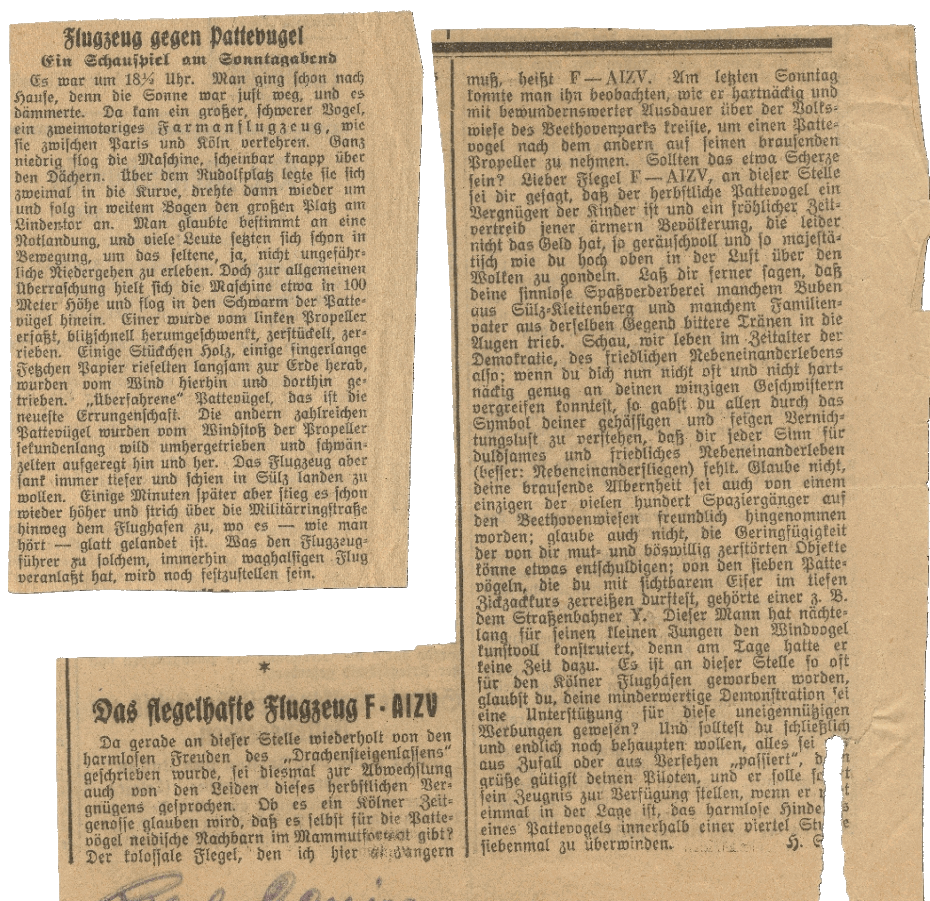 Zeitungsartikel über einen Luftrüpel der mit seiner F-AIZV Farman F.63 Ter Goliath über Köln Dachen jagte.