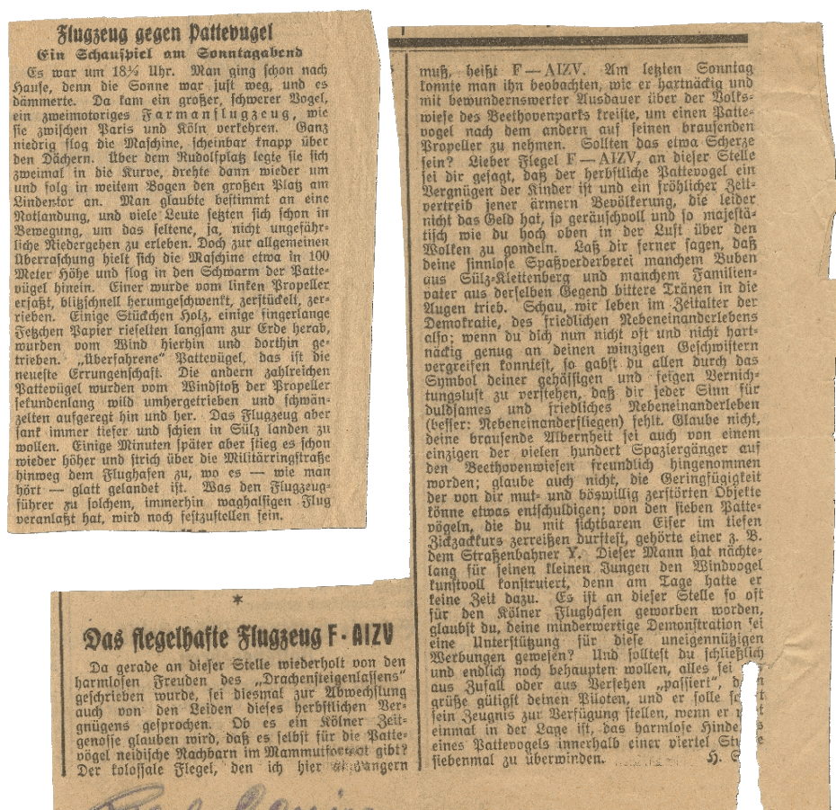 Zeitungsartikel ber einen Luftrpel der mit seiner F-AIZV Farman F.63 Ter Goliath ber Kln Dachen jagte.