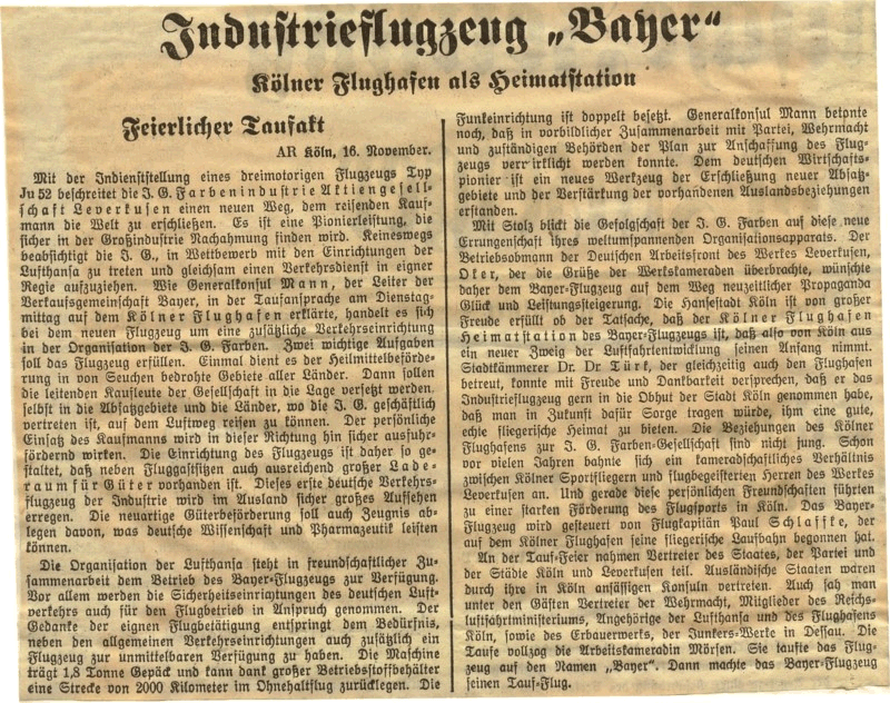 Kölner Stadtanzeiger 17.November 1937 Industrieflugzeug Bayer