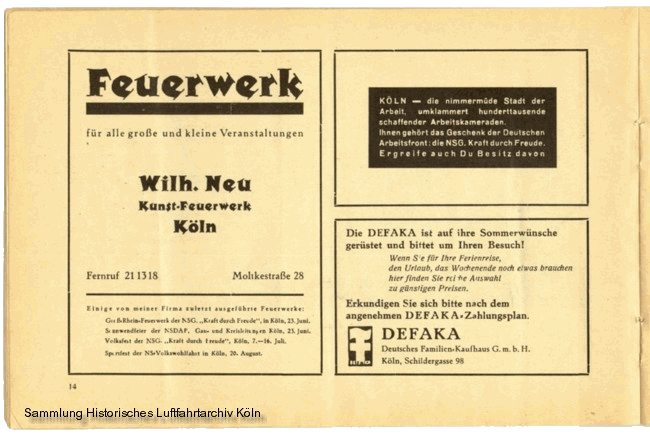 Volksflugtag 1935 Flughafen Köln Butzweilerhof Werbung Feuerwerk Wilhelm Neu DEFAKA
