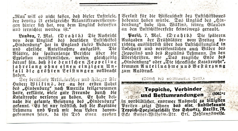 Zeitungsmeldung der Hindenburg ÃƒÂ¼ber den Verlust der Besatzung und Passagiere
