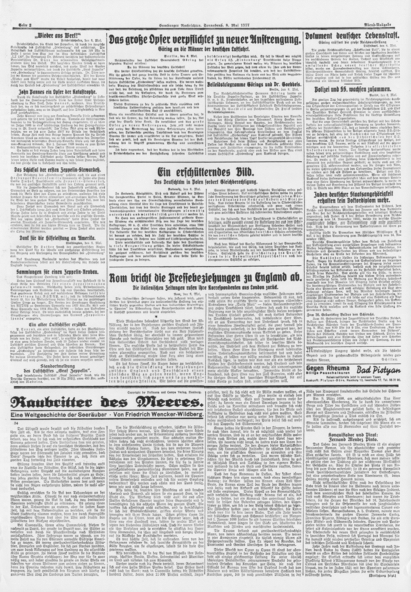 Hamburger Nachrichten zum Absturz des Luftschiffs Hindenburg