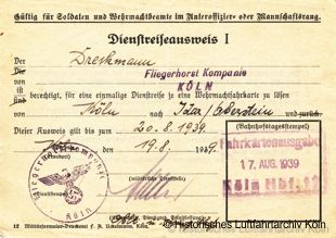 Reiseausweis eines Angestellten des Fliegerhorst Köln-Ostheim 1939
