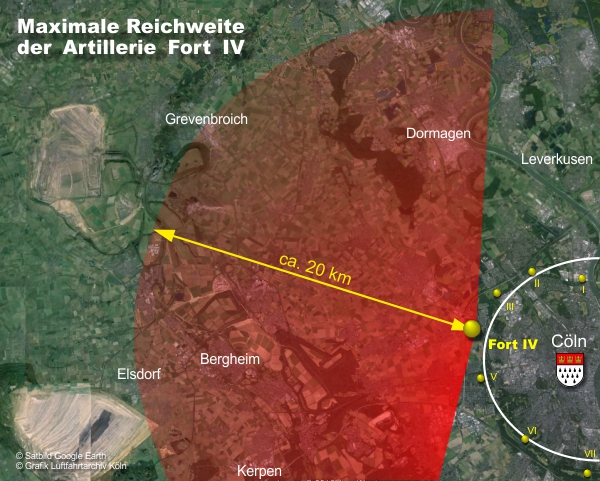 Reichweite der Artillerie von Fort IV in das Klner Umland