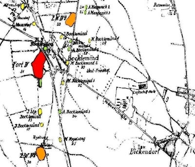 Lage von Fort IV und der Zwischenwerken IVa und IVb sowie der Luftschiffhalle Cöln in Bickendorf.