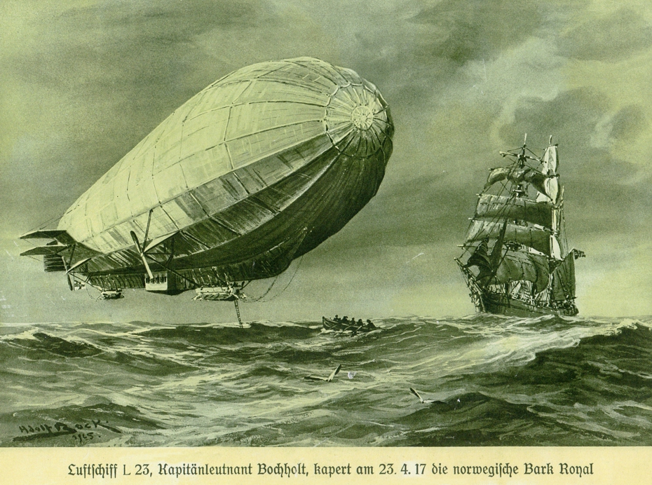 Das deutsche Luftschiff L 23 geht auf das Meer runter um ein Prsenkommando zur Übernahme der norwegischen Bark Royal auszusetzen.
